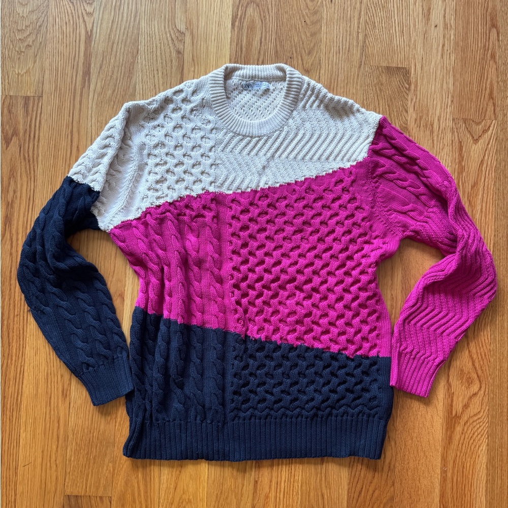 Zara Pink, Gray, and Navy Cable Knit Sweater